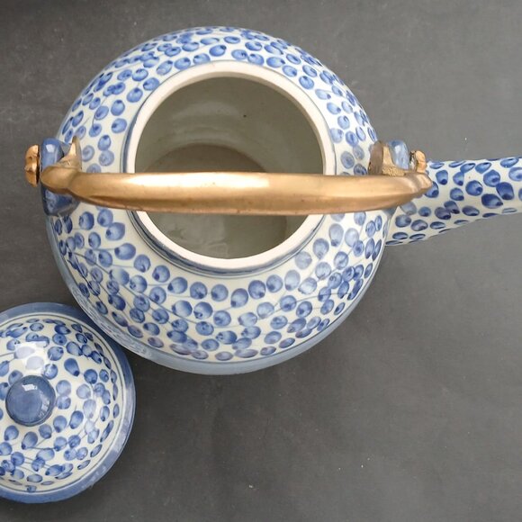 Oriental Style Blue & White Porcelain Teapot With Brass Handle Not Used VTG - Picture 11 of 12